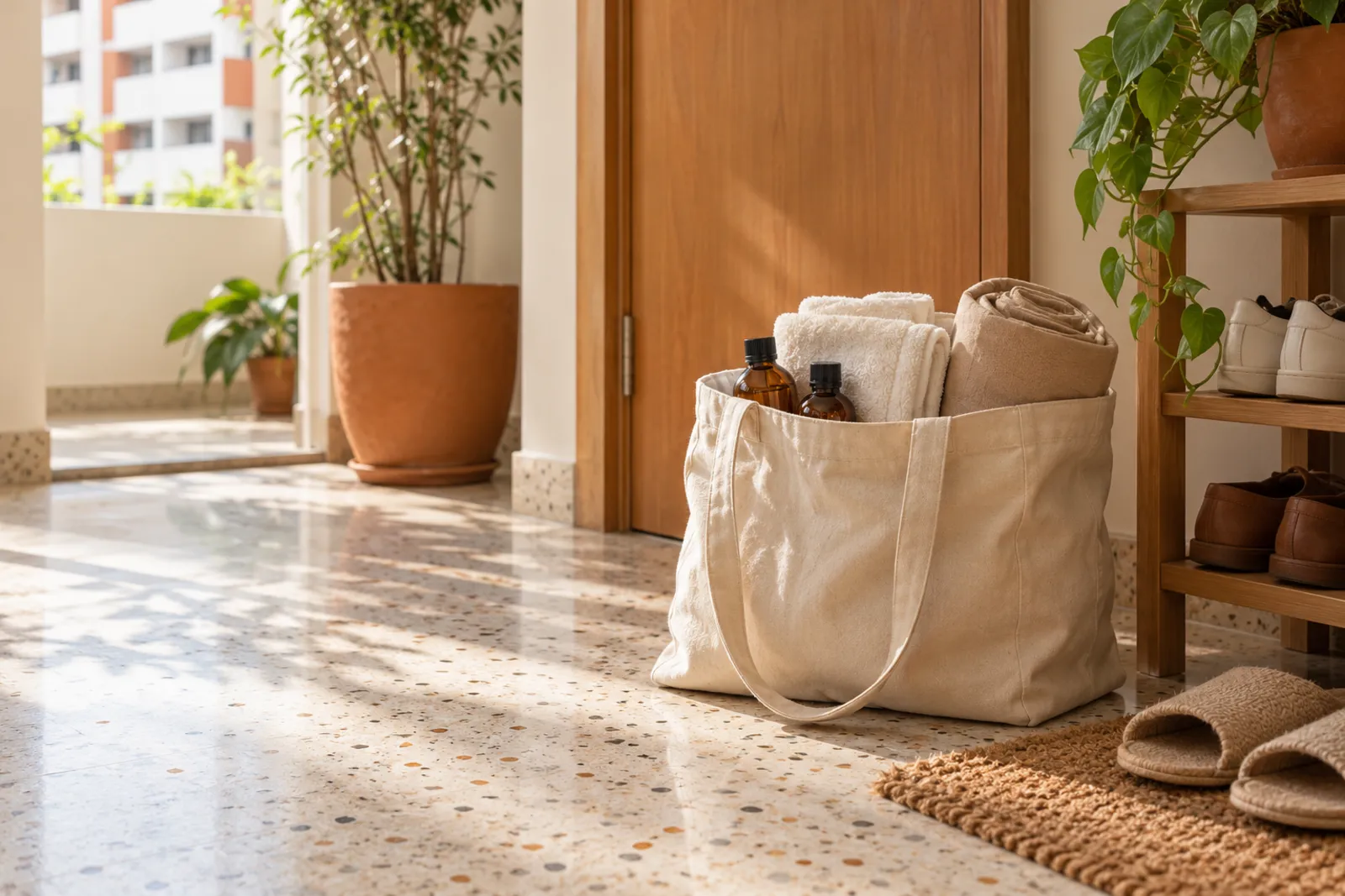 A canvas bag packed with towels and massage oils by a front door
